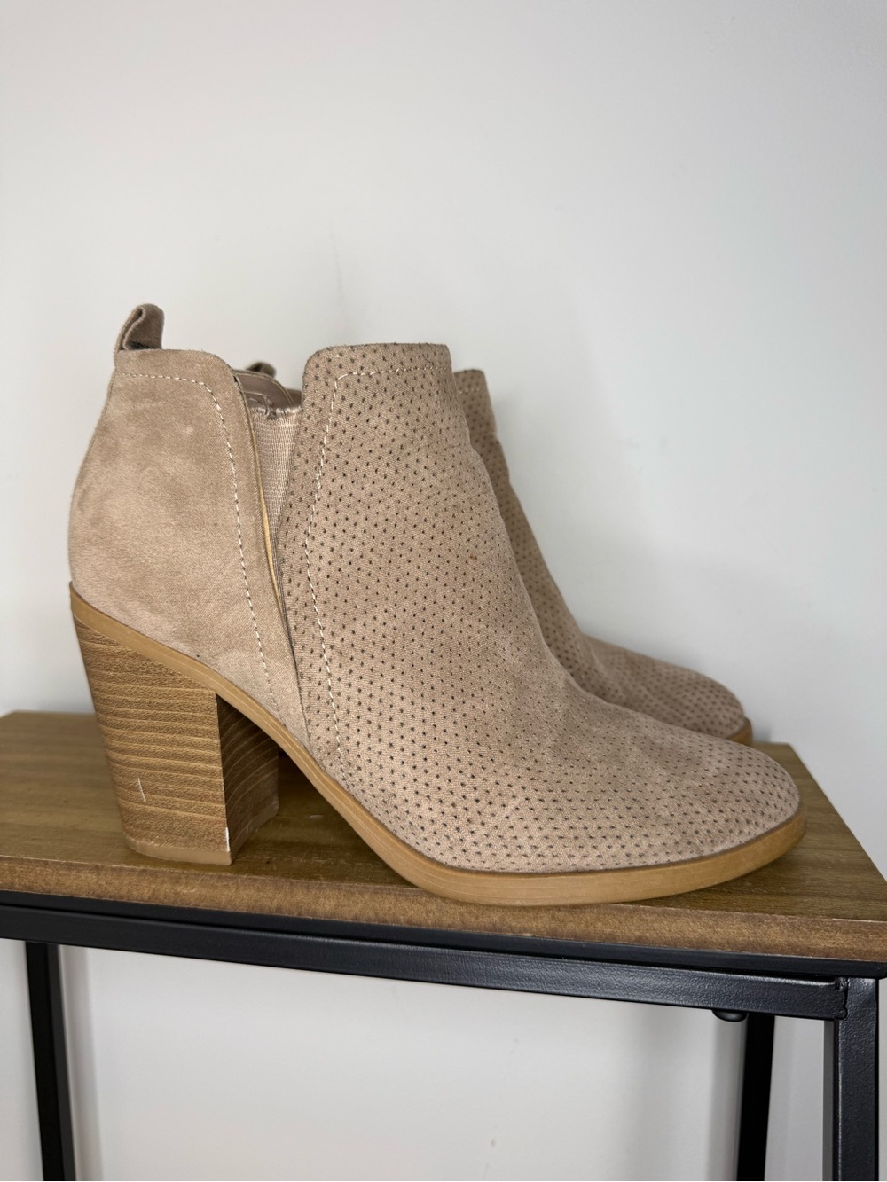 Universal Thread Perforated Taupe Suede Block Heel Booties